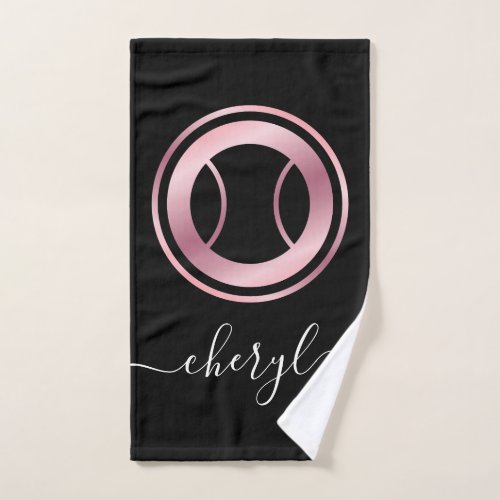 Elegant Rose Gold Black Tennis Ball Custom Name Hand Towel