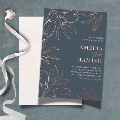 Elegant Rose Gold  Blue Floral Wedding  Foil Invitation