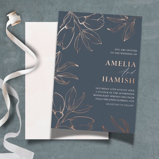 Elegant Rose Gold & Blue Floral Wedding  Foil Invitation (Creator Uploaded)