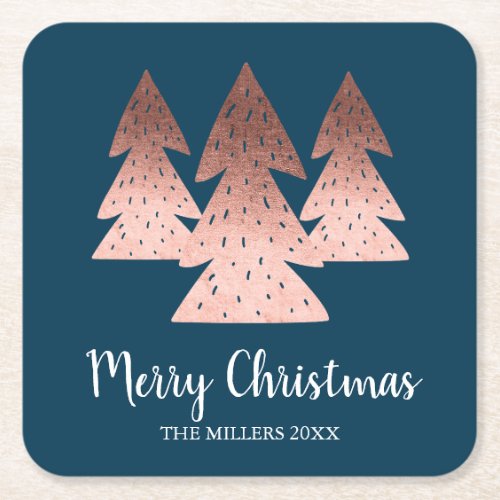 Elegant rose gold  blue Merry Christmas tree Square Paper Coaster