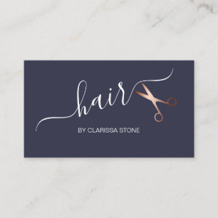 Elegant rose gold & blue scissors hairstylist business card
