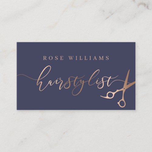Elegant rose gold  blue scissors hairstylist business card