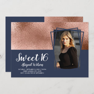 Elegant rose gold blue sweet sixteen birthday invitation