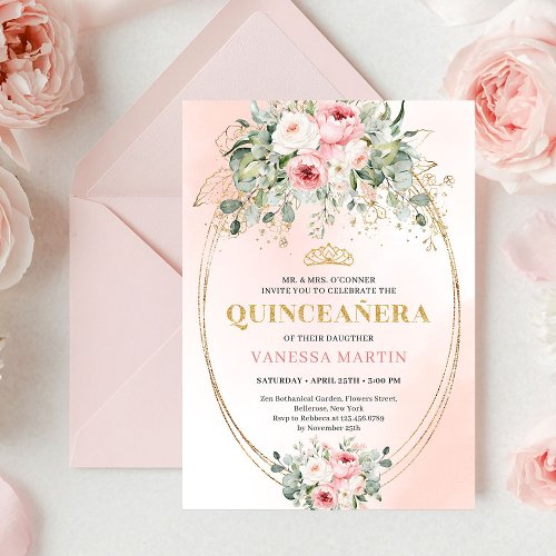 Elegant Rose Gold Blush Boho Quinceañera Invitatio