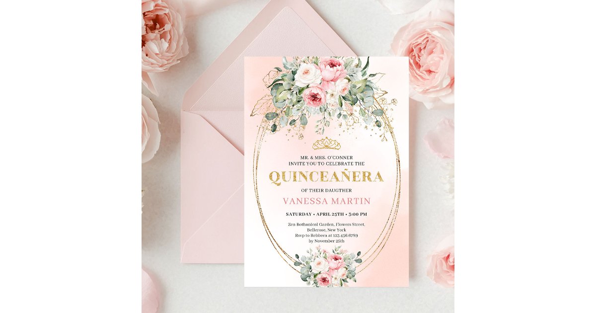 Elegant Rose Gold Blush Boho Quinceañera Invitatio Invitation | Zazzle