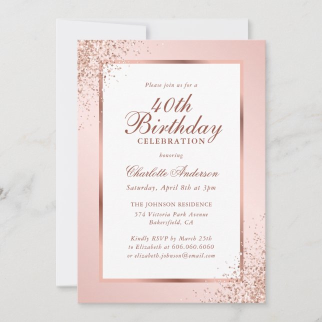 Elegant Rose Gold Blush Confetti 40th Birthday Invitation (Front)