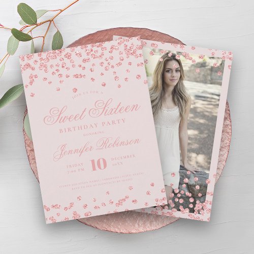 Elegant Rose Gold Blush Confetti Photo Sweet 16   Invitation