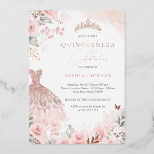 Elegant Rose Gold Blush Dress Floral Quinceanera  Foil Invitation