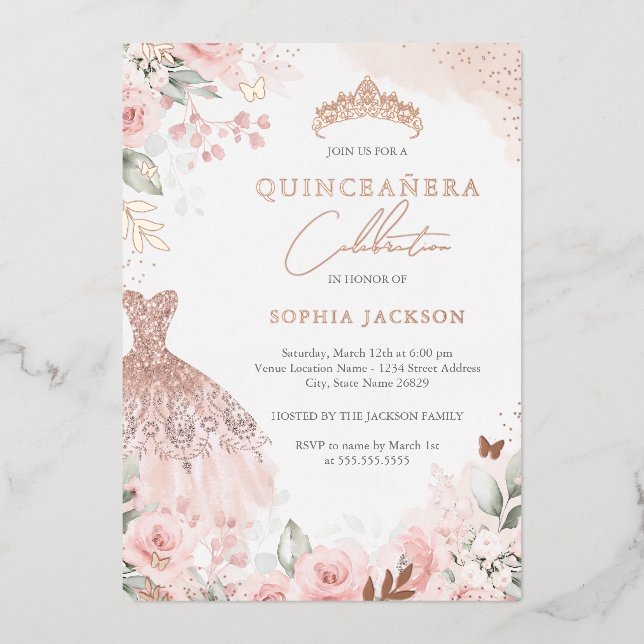 Elegant Rose Gold Blush Dress Floral Quinceanera  Foil Invitation (Front)