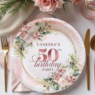 Elegant Rose Gold Blush Floral 50th Birthday Party Paper Plates
