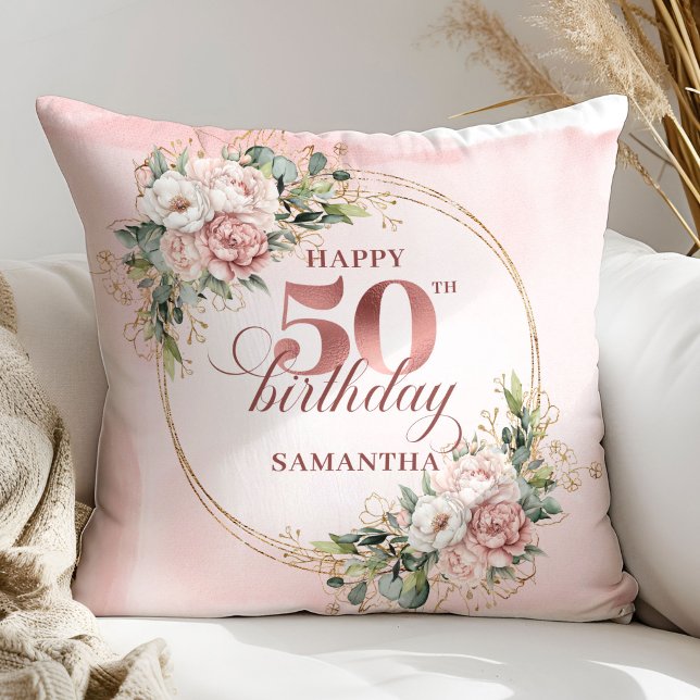 Elegant Rose Gold Blush Floral 50th Birthday   Throw Pillow (Elegant Rose Gold Blush Floral 50th Birthday Pillow Gift

)