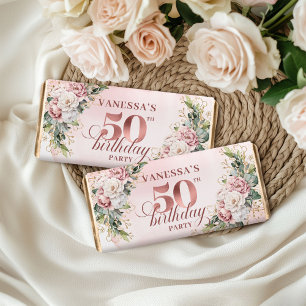 Elegant Rose Gold Blush Flowers 50th Birthday Hershey Bar Favors