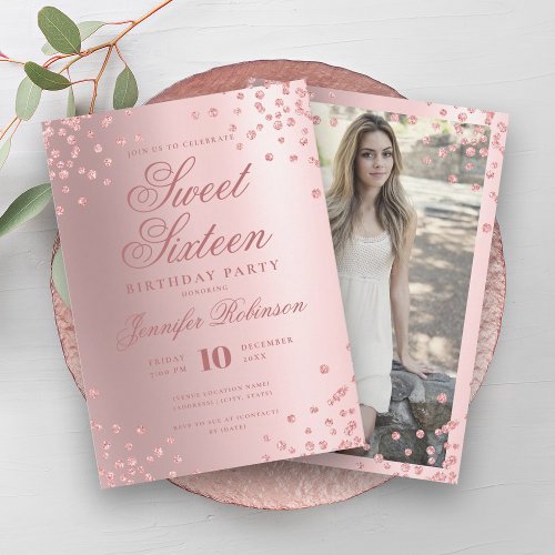 Elegant Rose Gold Blush Foil Photo Sweet 16   Invitation