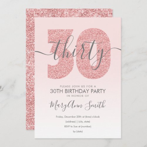 Elegant Rose Gold Blush Glitter 30th Birthday  Inv Invitation