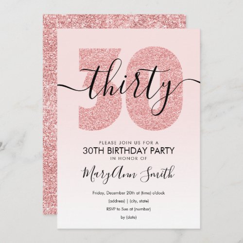 Elegant Rose Gold Blush Glitter 30th Birthday  Invitation