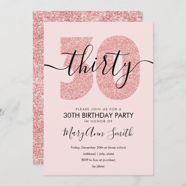 Elegant Rose Gold Blush Glitter 30th Birthday  Invitation (Front/Back)