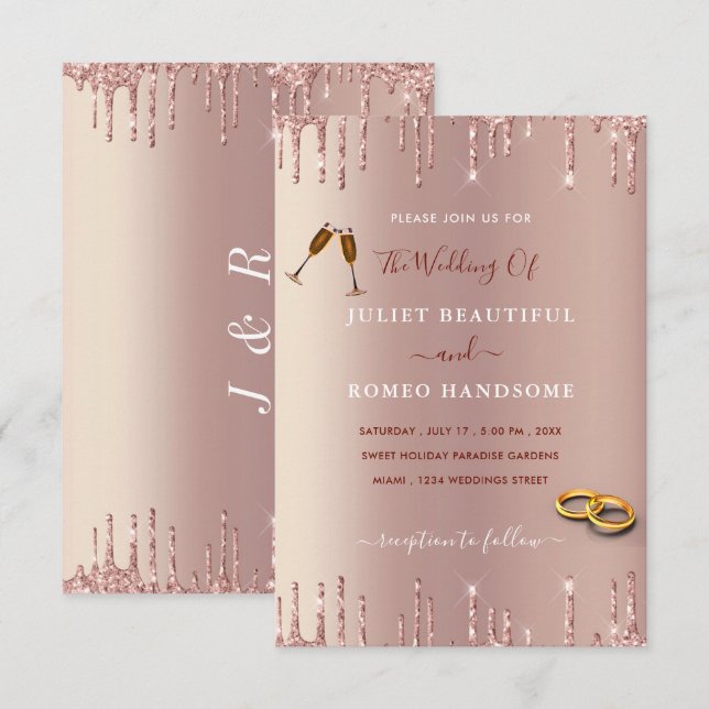 Elegant Rose Gold Blush Glitter Wedding Invitation (Front/Back)