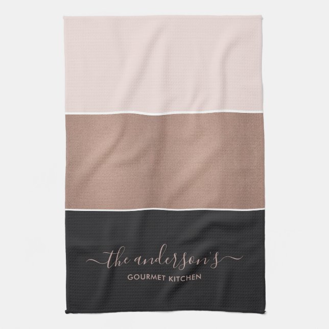 ELEGANT ROSE GOLD BLUSH PINK COPPER BLACK STRIPS KITCHEN TOWEL (Vertical)
