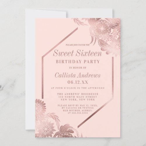 Elegant Rose Gold Blush Pink Floral Frame Sweet 16 Invitation