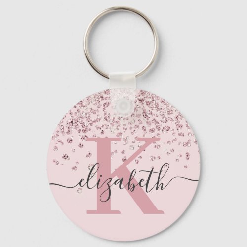 Elegant Rose Gold Blush Pink Glitter Monogrammed Keychain