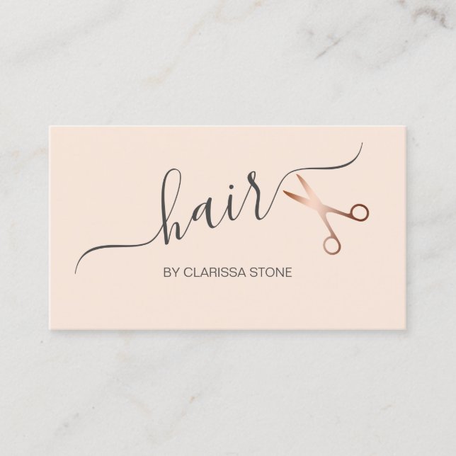 Elegant rose gold blush pink scissors hairstylist business card (Front)