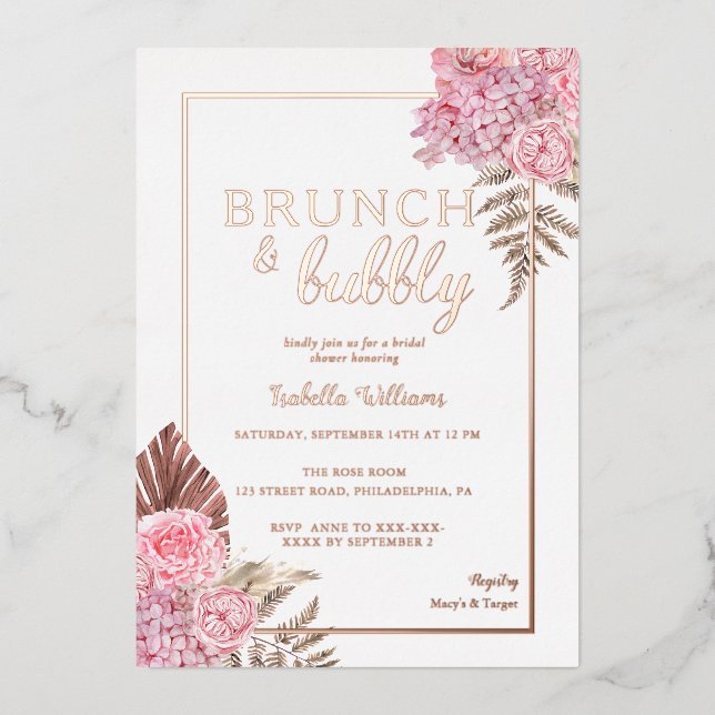 Elegant Rose Gold Boho Bridal Shower Foil Invitation (Front)