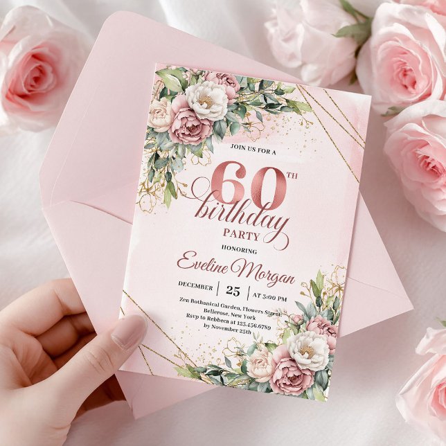 Elegant Rose Gold Boho Floral 60th Birthday Invitw Invitation (Elegant Rose Gold Boho Floral 60th Birthday Invitation)