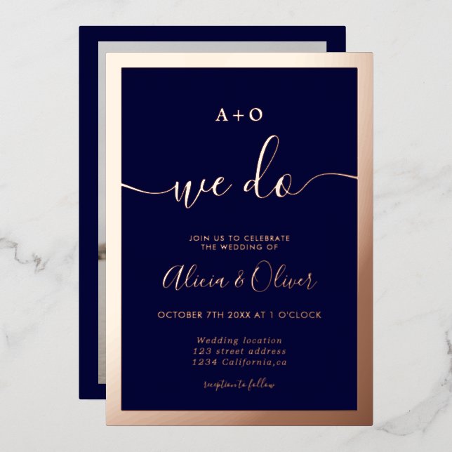 Elegant rose gold border initials photo wedding foil invitation (Front/Back)