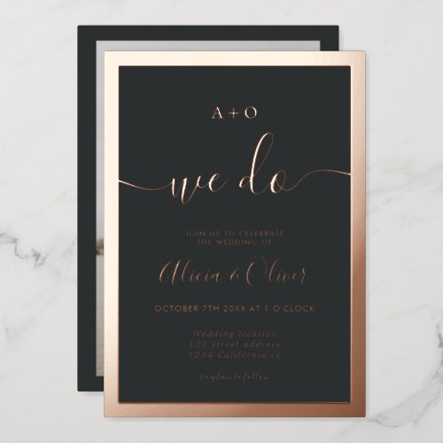 Elegant rose gold border initials photo wedding foil invitation
