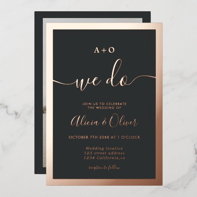 Elegant rose gold border initials photo wedding foil invitation (Front/Back)