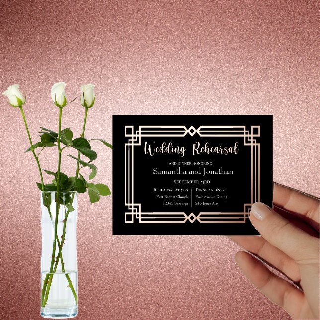 Elegant Rose Gold Border Navy Black Rehearsal Card (Creator Uploaded)