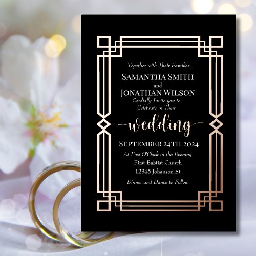 Elegant Rose Gold Border on Black Wedding Real Foil Invitation