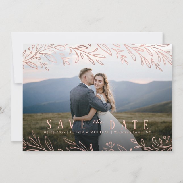 Elegant rose gold botanical photo save the date invitation (Front)