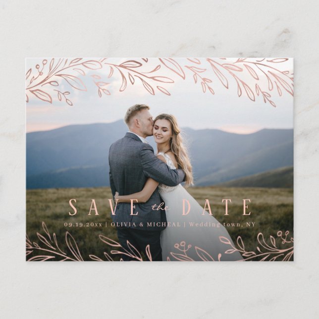 Elegant rose gold botanical photo save the date postcard (Front)