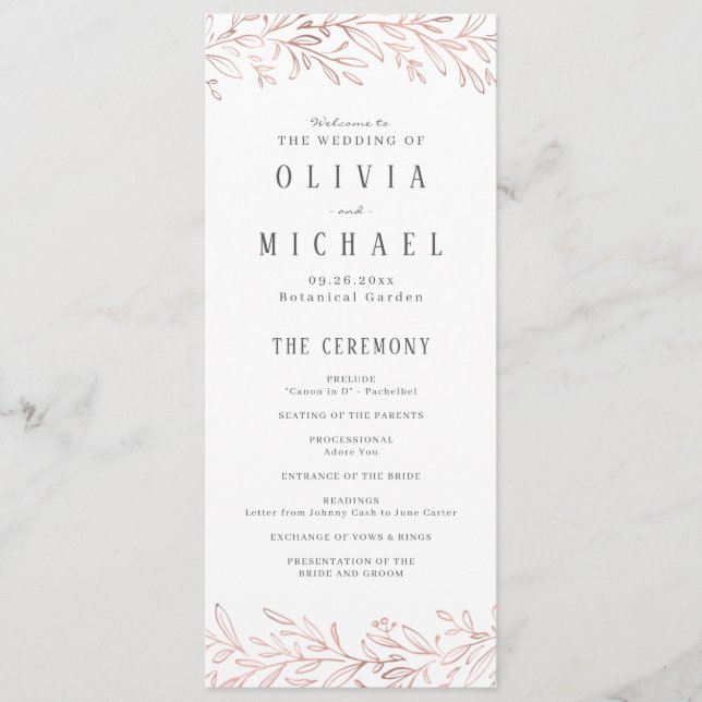 Elegant rose gold botanical wedding program (Front)