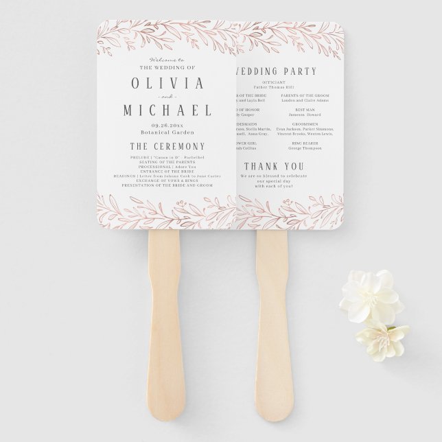 Elegant rose gold botanical wedding program hand fan (Front and Back)