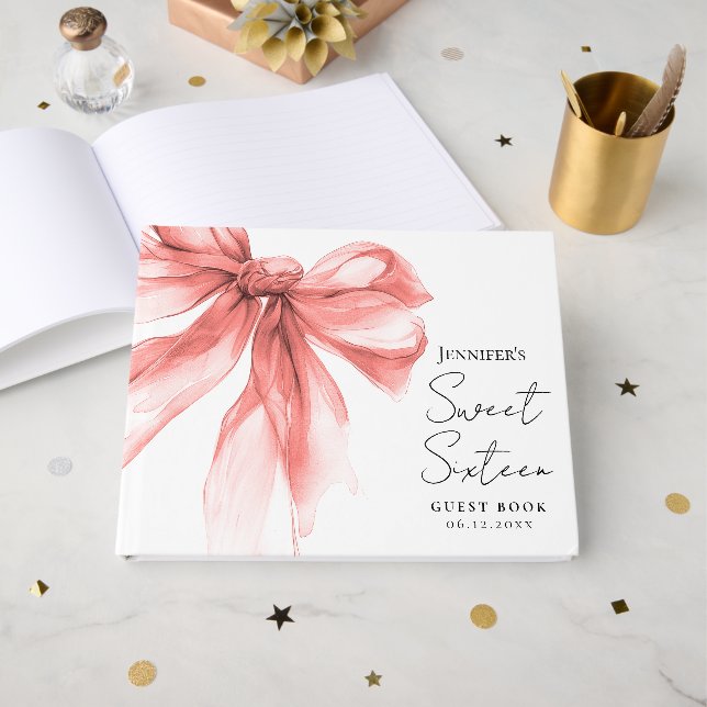 Elegant Rose Gold Bow Coquette Script Sweet 16  Guest Book (Front Open)