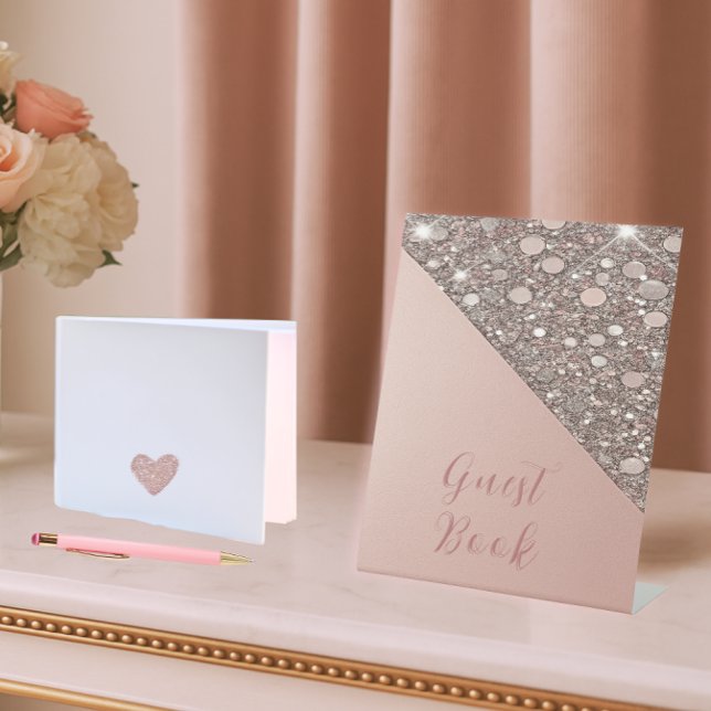 Elegant Rose Gold Bridal Shower Guest Book Pedestal Sign (Welcome guests with this glam rose gold sign—perfect beside your bridal guest book display.)