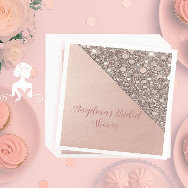 Elegant Rose Gold Bridal Shower Napkins (Elegant rose gold bridal shower napkin with foil, glitter accents, and custom name and event text.)
