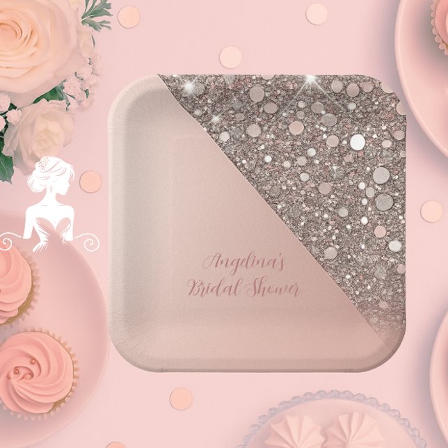 Elegant Rose Gold Bridal Shower Paper Plates (Elegant rose gold bridal shower plate styled for dessert tables, sweet stations, and party displays.)