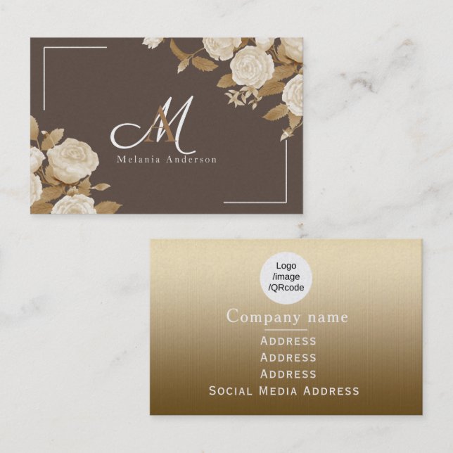 Elegant Rose Gold Brown Monogram Business Card (Front/Back)
