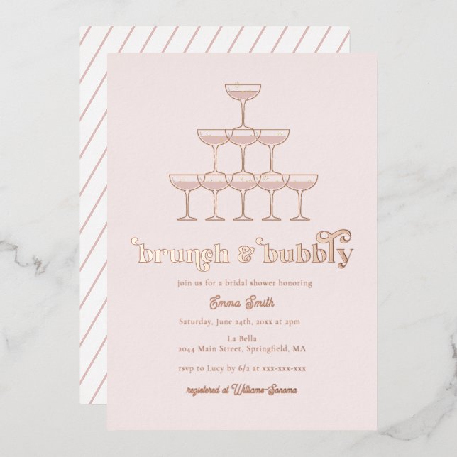 Elegant Rose Gold Brunch & Bubbly Bridal Shower Foil Invitation (Front/Back)