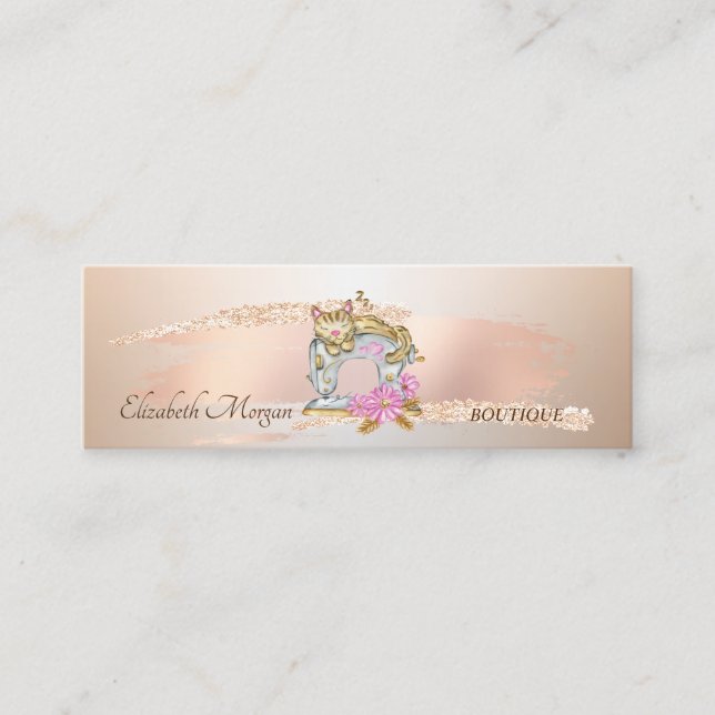 Elegant Rose Gold Brush Stroke Sewing Machine Cat Mini Business Card (Front)