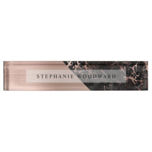 Elegant Rose Gold Brushed Metal Black Marble Desk Name Plate