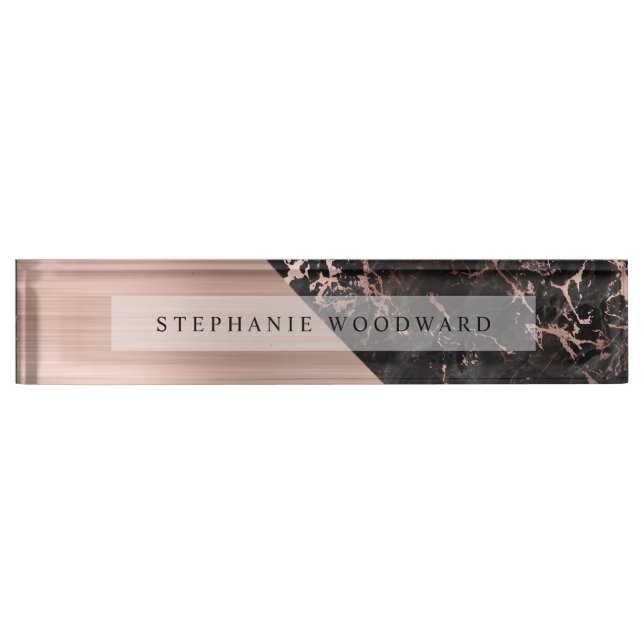 Elegant Rose Gold Brushed Metal Black Marble Desk Name Plate (Front)