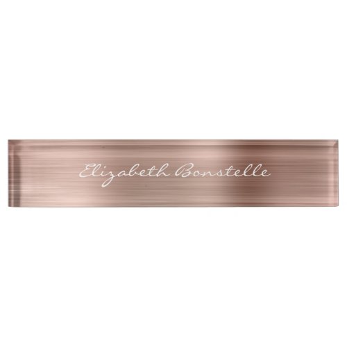 Elegant Rose Gold Brushed Metal Foil Handwriting Desk Name Plate