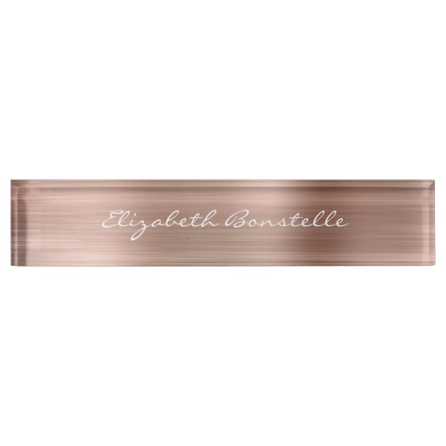 Elegant Rose Gold Brushed Metal Foil Handwriting Desk Name Plate (Front)