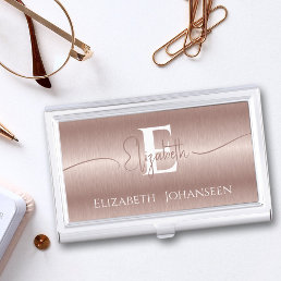 Elegant Rose Gold Brushed Metal Girly Monogrammed Business Card Case