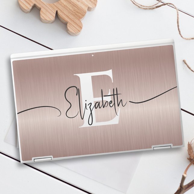 Elegant Rose Gold Brushed Metal Girly Monogrammed HP Laptop Skin (Creator Uploaded)