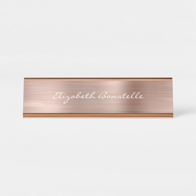 Elegant Rose Gold Brushed Metal Handwriting Desk Name Plate (Front)